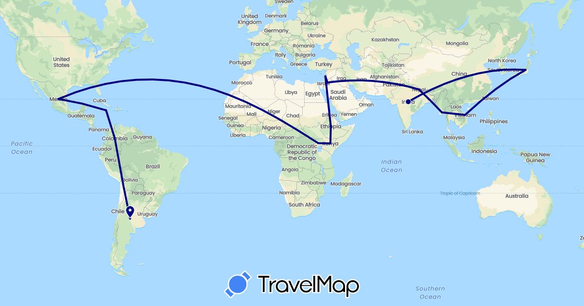 TravelMap itinerary: driving in Argentina, Colombia, Ethiopia, India, Jamaica, Jordan, Japan, Kenya, South Korea, Lebanon, Myanmar (Burma), Mexico, Nepal, Uganda (Africa, Asia, North America, South America)